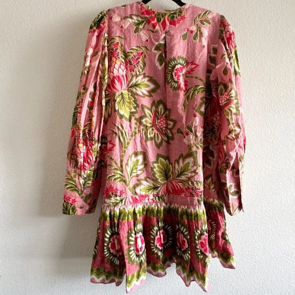 Farm Rio New Aura Floral Pink Tiered Mini Peasant Dress Medium Long Sleeve - Picture 12 of 15